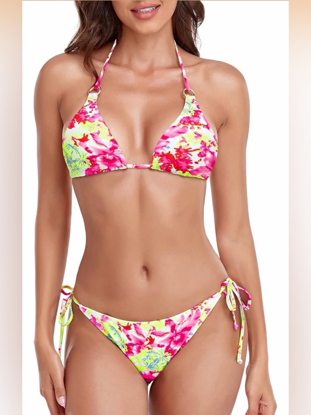 RELLECIGA Pink Yellow Floral Tie-Side Triangle Bikini